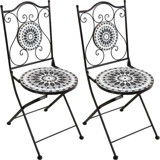 Chaises de bistrot AXI Amélie – Pliantes – Noir/blanc – Chaises de jardin pliantes en métal – Dossier haut – Lot de 2 pièces – Effet mosaïque – Incrustations de carreaux de céramique – Capacité de charge de 150 kg – Jardin, terrasse ou balcon