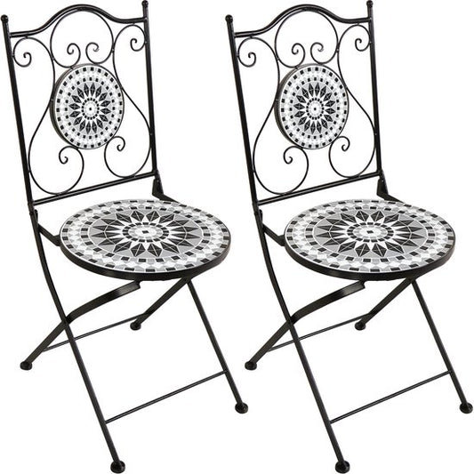 Chaises de bistrot AXI Amélie – Pliantes – Noir/blanc – Chaises de jardin pliantes en métal – Dossier haut – Lot de 2 pièces – Effet mosaïque – Incrustations de carreaux de céramique – Capacité de charge de 150 kg – Jardin, terrasse ou balcon