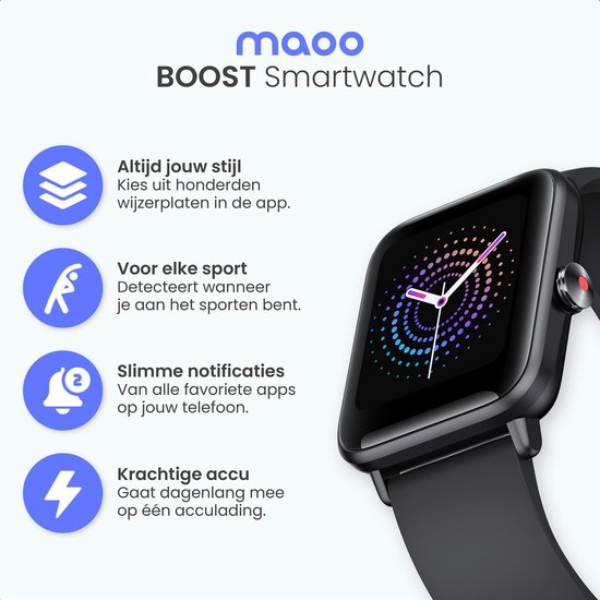 MAOO BOOST Smartwatch - Waterproof - Smartwatch homme - Smartwatch femme - Podomètre - Montre - Cadeau Sinterklaas - Noir