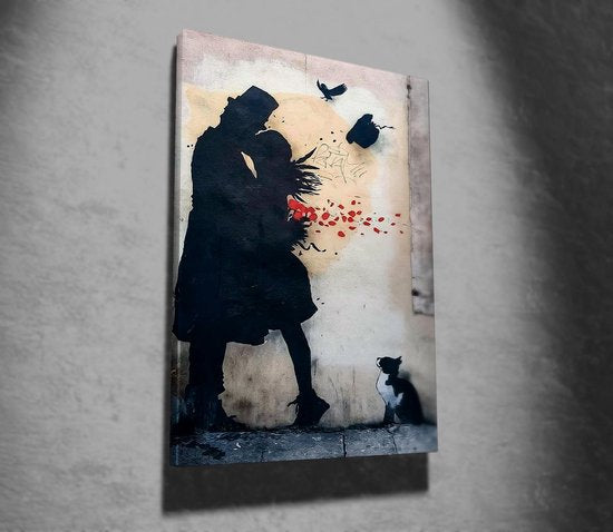Décoration d'intérieur - "The Kiss - Banksy" Peinture sur toile coton polyester 70x100x3 cm - Cadre décoratif inclus - Accessoire de maison multicolore