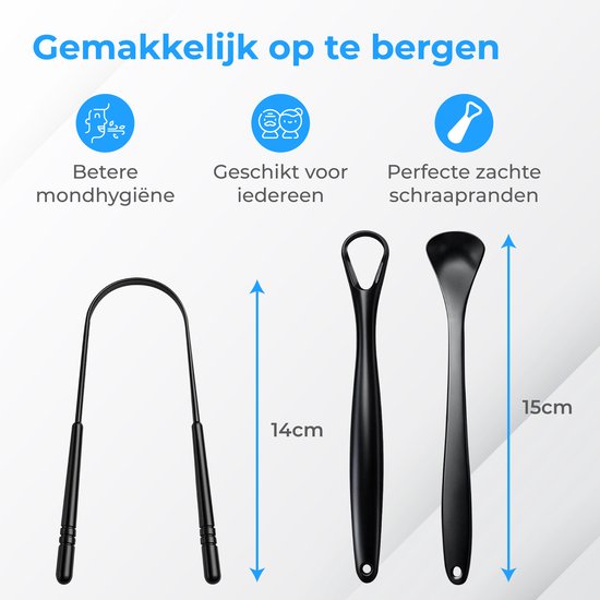 Grattoir à langue professionnel Nuvance - Kit 3 en 1 - pour l'hygiène bucco-dentaire - Nettoyeur de langue - Grattoir à langue - Tongue Scraper - Acier inoxydable - Noir