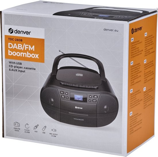 Denver TDC-280 - Boombox - DAB - FM - Radio - Lecteur CD - Cassette - Entrée AUX - Horloge - Réveil - Noir