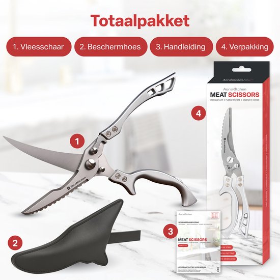 AoraKitchen Ciseaux à viande - Ciseaux de cuisine en acier inoxydable - pour la viande, le poisson, le poulet et les os - Ciseaux à herbes - Lavable au lave-vaisselle - Couvercle inclus