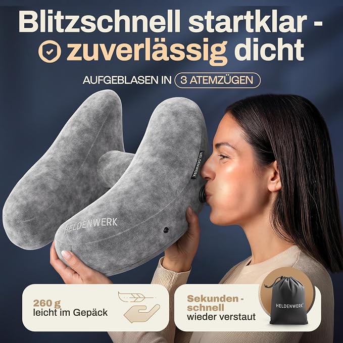 HELDENWERK Oreiller de voyage haut de gamme avec capuche – Oreiller gonflable pour la nuque et la tête – 5 positions de sommeil – Avec bouchons d'oreille et sac de rangement