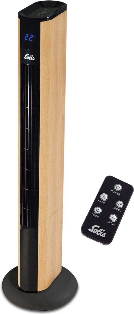 Ventilateur Solis Easy Breezy 757 - Ventilateur sur pied télécommandé - Fonction minuterie - 44.8 dB - 91 cm de haut - Effet bois