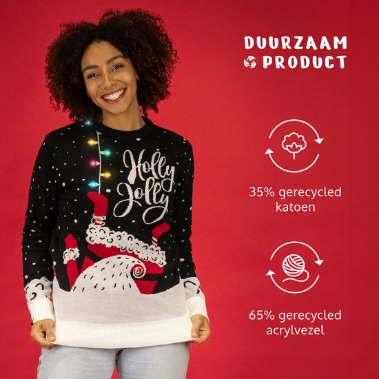 Pull de Noël JAP avec guirlande lumineuse (taille XL) - 100 % recyclé - Ne gratte pas - Cadeau de Noël pour adultes - Pull de Noël kitsch pour femmes et hommes - Holly Jolly - Noir