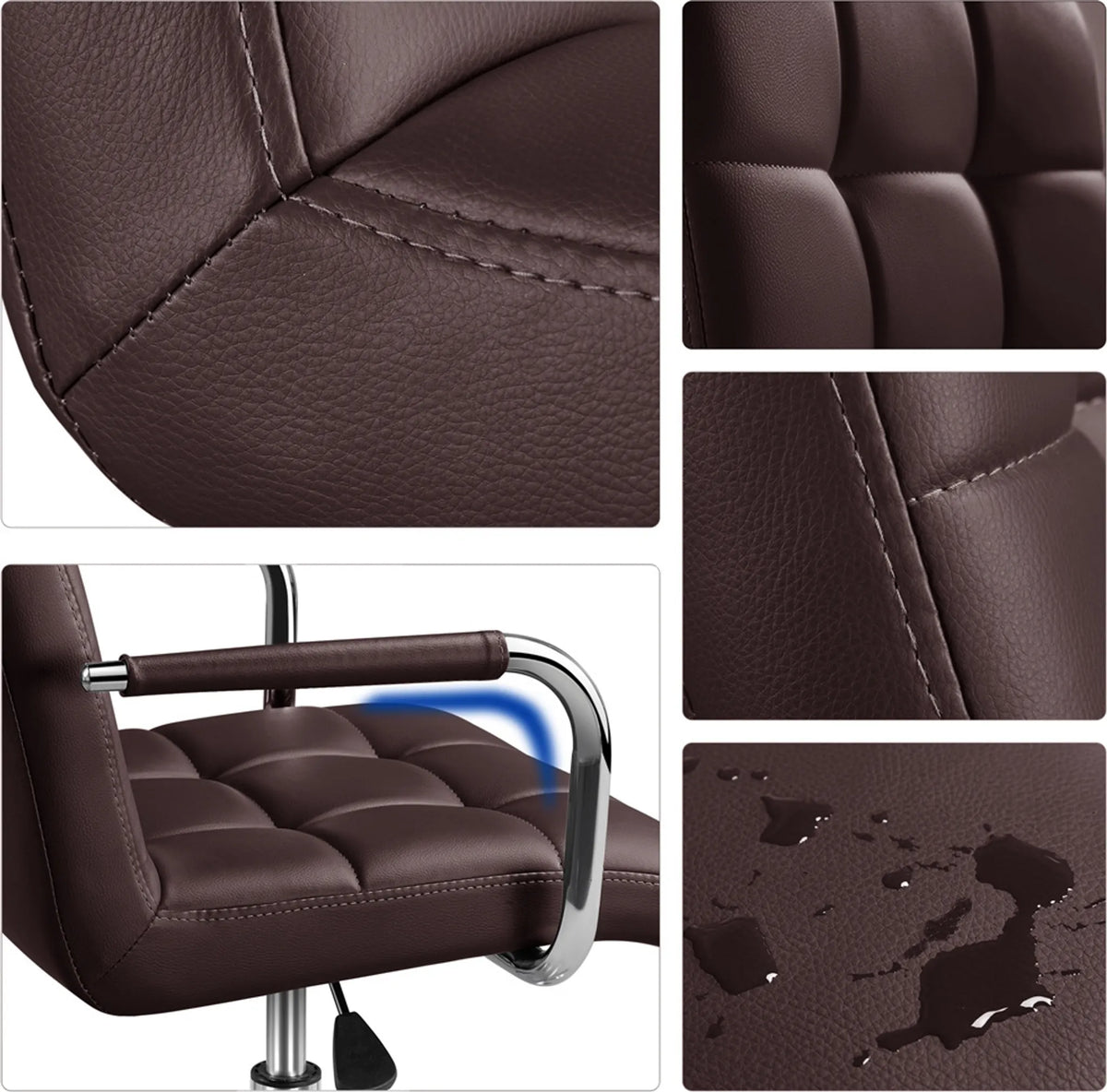 Yaheetech Chaise de bureau à hauteur d'assise réglable - 55 x 60,5 x 86,5-102 cm - équipée d'un rembourrage en mousse confortable, de roulettes insonorisantes et d'une structure en métal galvanisé - pour le bureau et la maison - en similicuir marron et