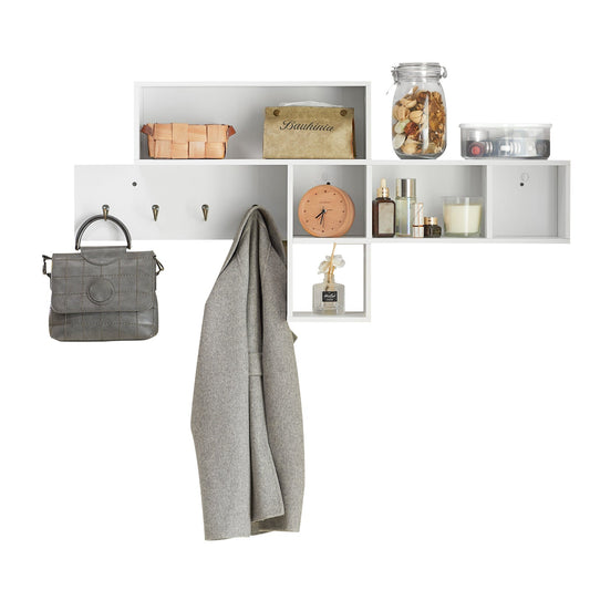 SoBuy FHK17-W Porte-manteau Etagère murale - Penderie avec 5 compartiments et 4 crochets - 110x15x53 cm - Blanc