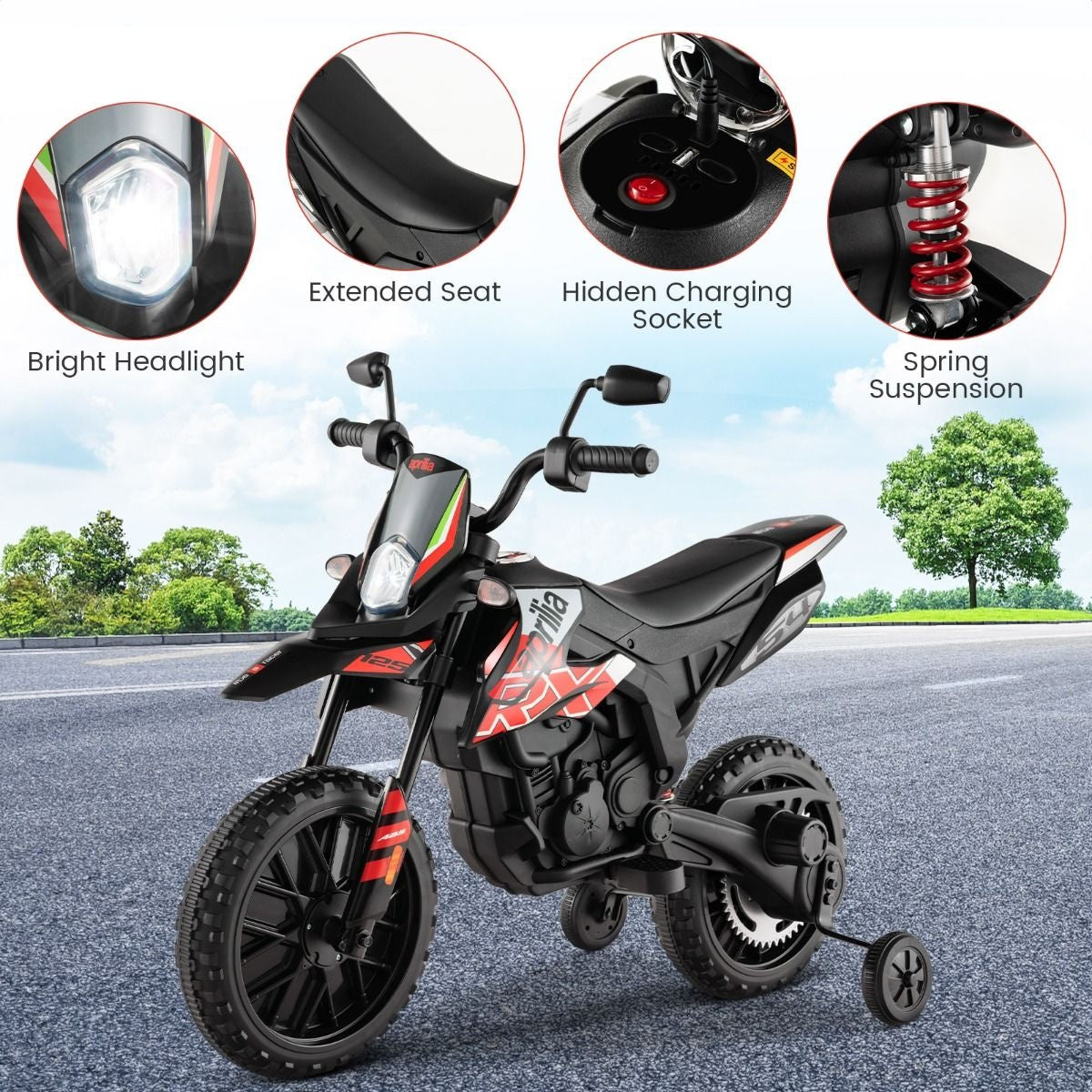 Moto électrique Aprilia-Licence pour enfants - Coast - avec 2 roues d'entraînement - avec musique pour enfants 3-8 ans - Moto à batterie 12V