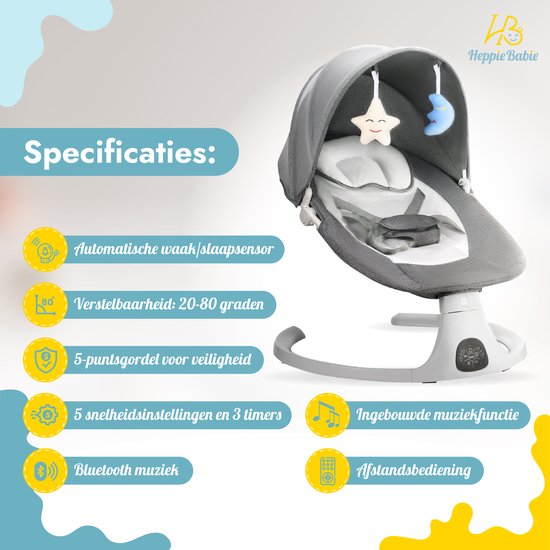HeppieBabie Balançoire électrique - Options de musique et de balancement - Ceinture de sécurité à 5 points - Balançoire pour bébé - Balançoire pour bébé - Avec Ebook