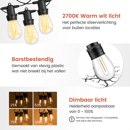Partizzle 15m Guirlande lumineuse extérieure LED - Lumières de terrasse et de camping - Guirlande lumineuse de Noël - Lumières de Noël - Guirlande lumineuse étanche - 2700K / Blanc chaud
