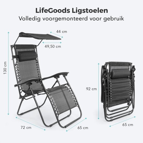 LifeGoods Chaises de jardin pliables - avec auvent - parasol réglable - 2 pièces - 30°-90° réglable - métal - noir