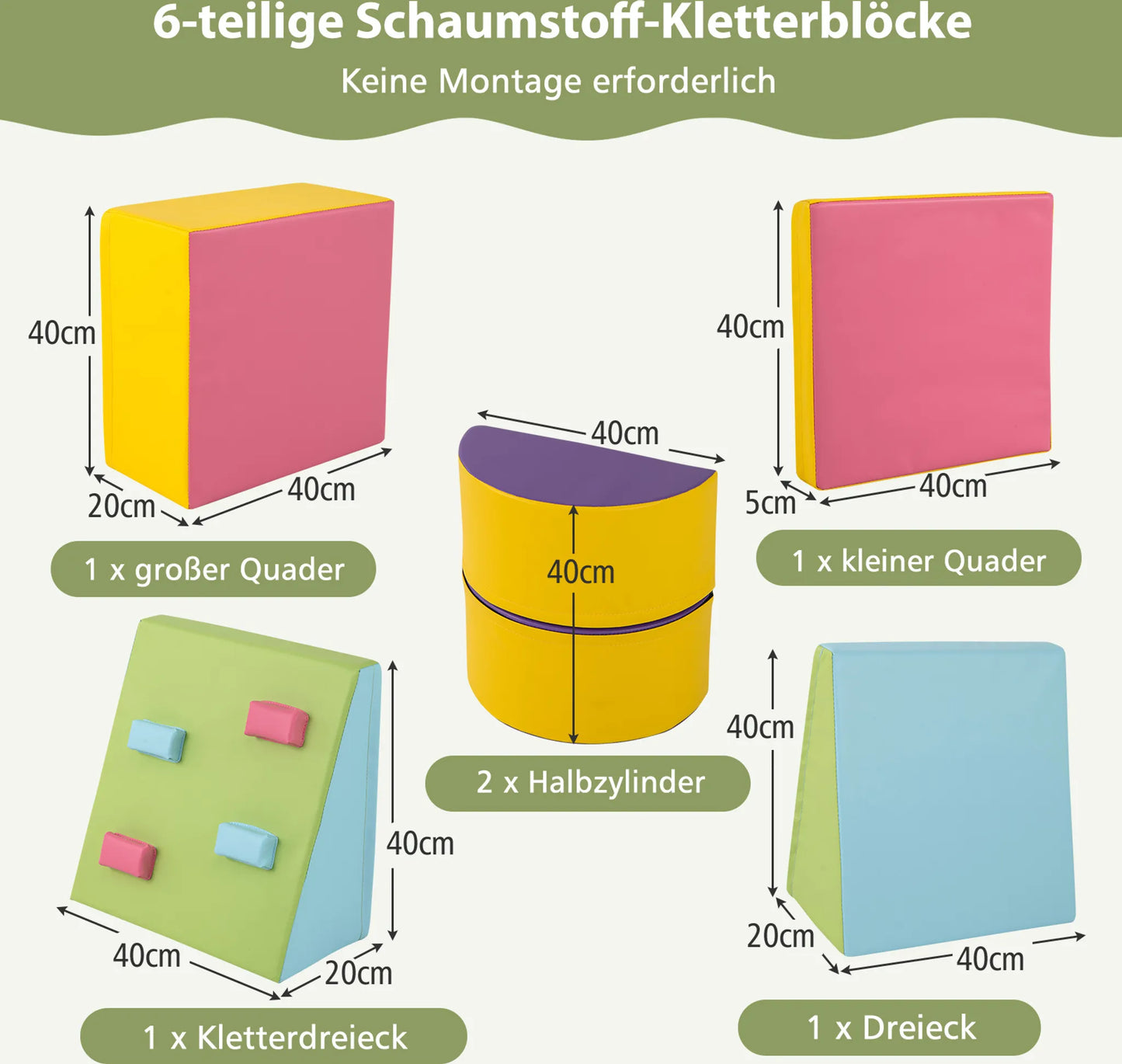 Ensemble de jeu d'escalade Coast en mousse – Doté de fermetures velcro et de coutures soignées, avec des blocs d'escalade faciles à saisir – Pour les salles de jeux et les crèches – Cuir coloré et mousse EPE
