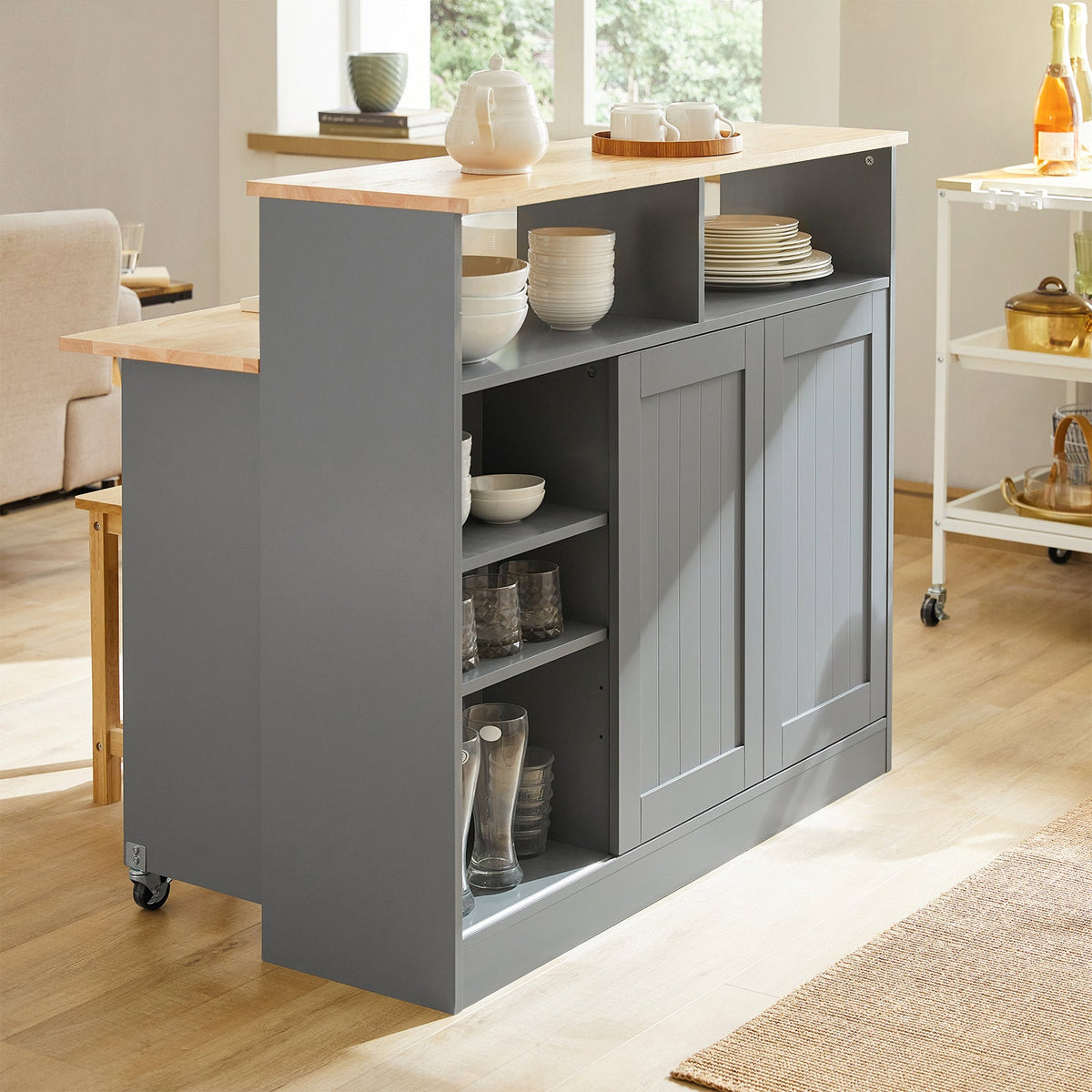SoBuy FSB36-HG Meuble de rangement avec portes coulissantes et plan de travail extractible - 110x68x97 cm - Gris clair