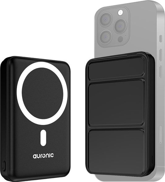 Auronic Powerbank - 10 000 mAh - 22,5W - Chargeur rapide pour iPhone 12/13/14/15 - Chargement magnétique et sans fil - Noir