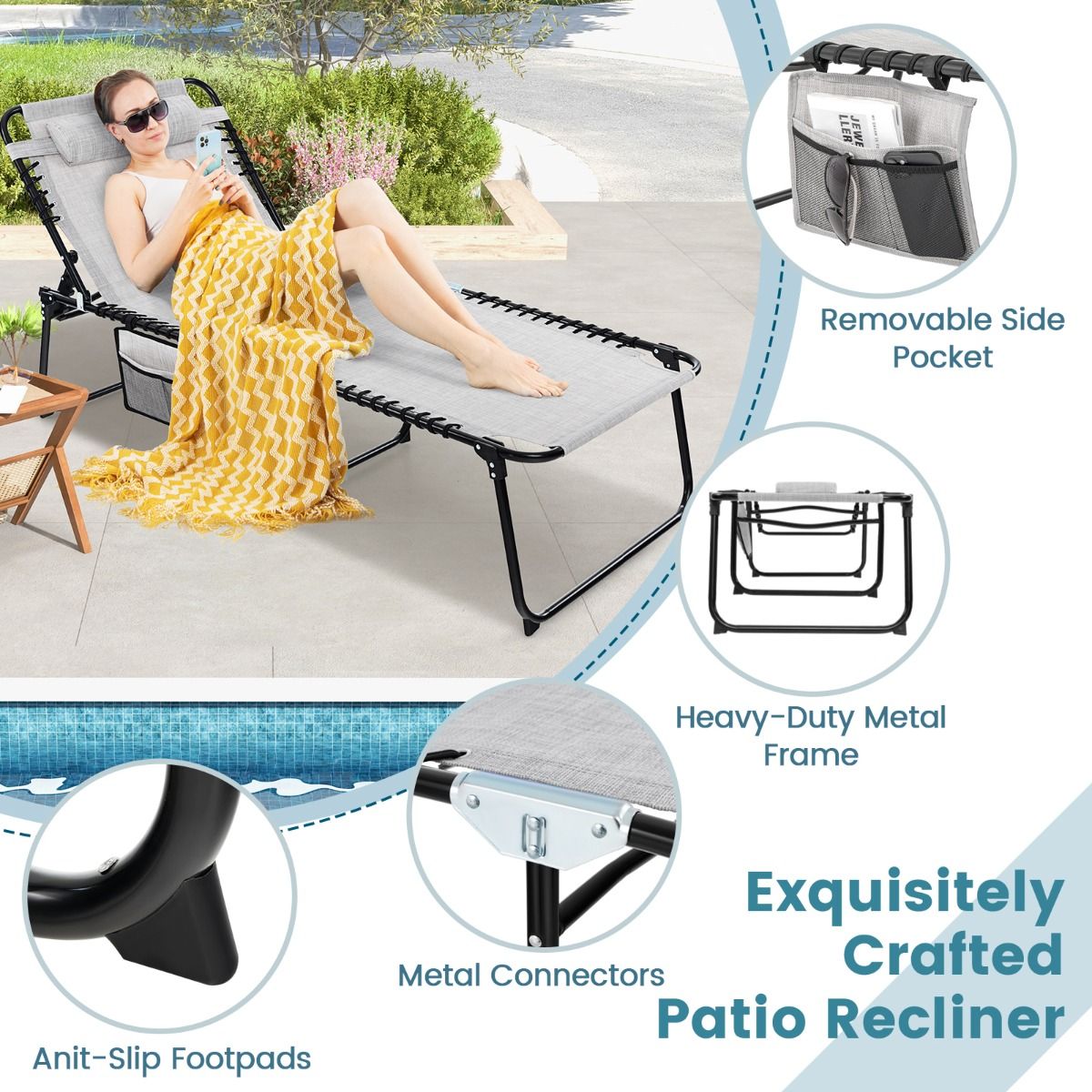 Chaise longue pliable extra-large - Noir/Gris - 200 kg - Dossier et repose-pieds réglables - Avec poche latérale