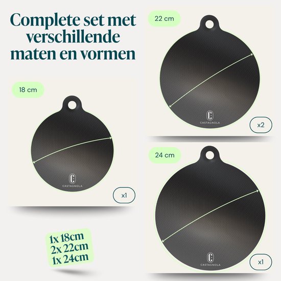 Protecteur pour plaques à induction Castagnola - Protecteur de casserole résistant à la chaleur jusqu'à 280 °C - Plaque de protection pour plaque de cuisson et plaque à induction - Tapis antidérapant pour casseroles - Lot de 4 : 1 x 18 cm, 2 x 22 cm et 1