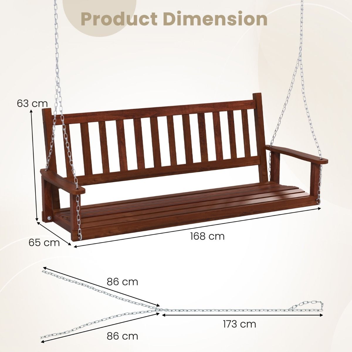 Banc à bascule d'extérieur en bois Coast - 3 places - Chaînes réglables - Marron 168 x 65 x 63 cm