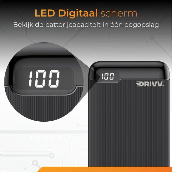 Drivv. Powerbank 20 000 mAh - Câble de charge 100w inclus - Chargeur rapide 22,5W - Quick Charge USB 3.0 - USB C - Convient à Samsung / iPhone / autres - LED - Noir, entre autres