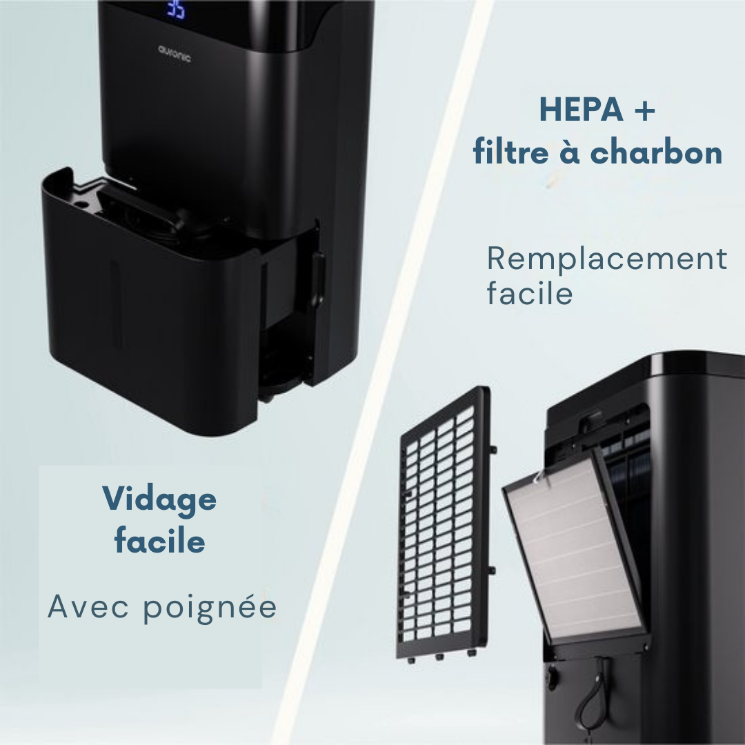 Déshumidificateur et purificateur d'air Auronic - Better Plus Series - Déshumidifie 20L par jour - Réservoir d'eau de 5L - Chambre à coucher, salle de bain, salon et bureau - Dévoreur d'humidité pour la maison - Noir