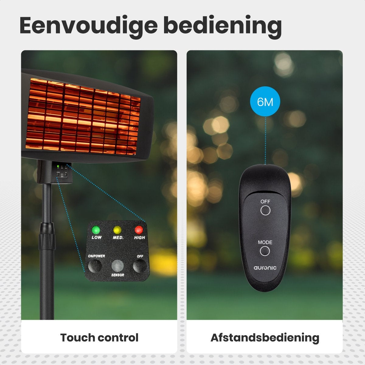 Chauffage de terrasse - Auronic - Électrique - 2000W - Télécommande incluse - 3 niveaux - Noir