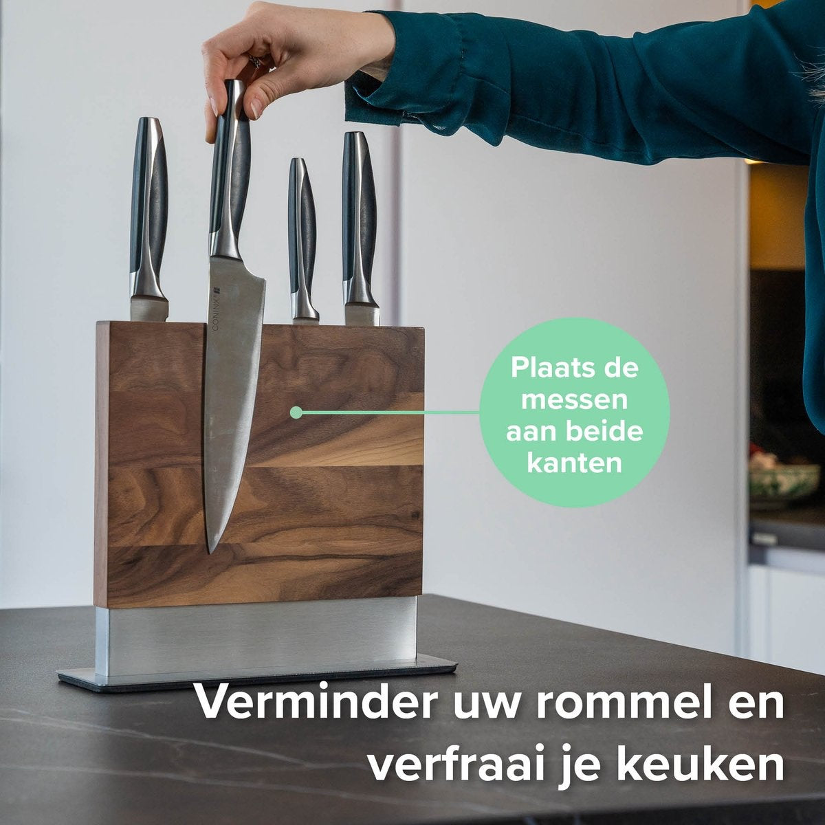 Coninx Vertico Messenblok Magnetisch - Messenmagneet - RVS Voet - Magneet Tweezijdig - Messenblok zonder messen - RVS / Walnoot