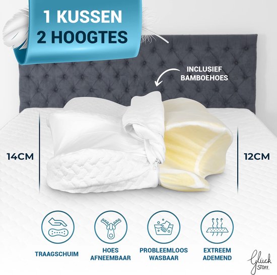 Oreiller orthopédique Glückstoff pour les douleurs cervicales, avec mousse à mémoire de forme - Oreiller hypoallergénique et ergonomique, pour les douleurs cervicales et dorsales, adapté à toutes les positions de sommeil, livré avec un sac en jute