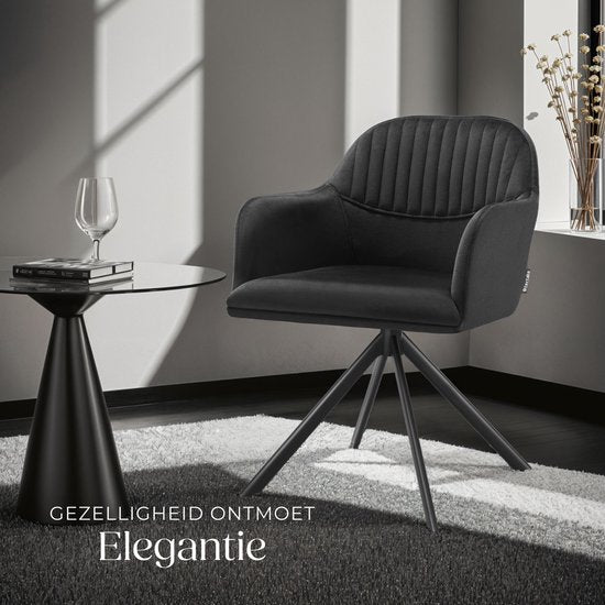 tectake® Chaise pivotante en velours - Chaise de bureau - Chaise de salle à manger avec accoudoirs - Chaise de bureau en velours, chaise de cuisine, chaise de salon - 56 x 59 x 81 cm - Noir/noir