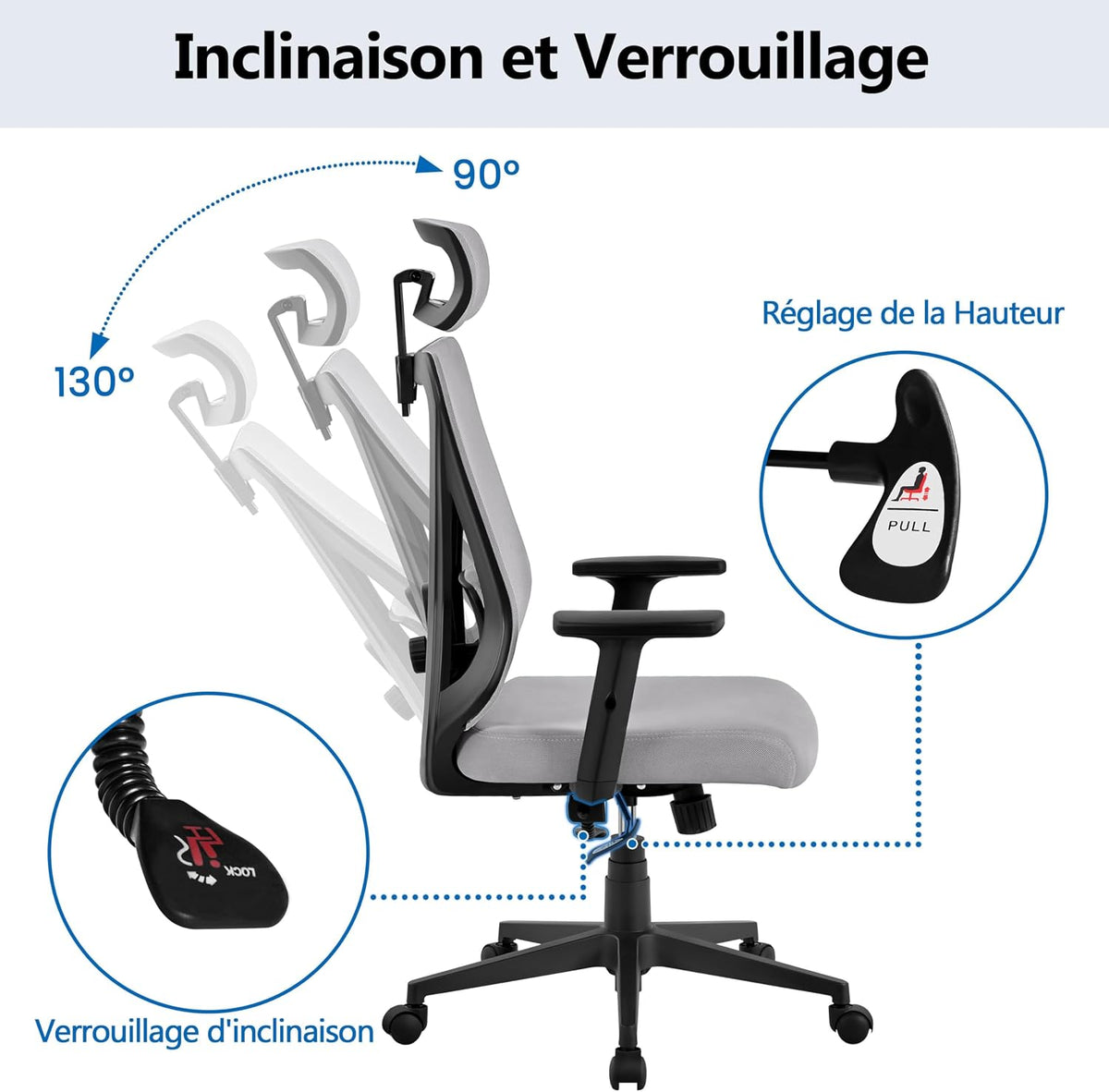 Chaise de bureau ergonomique Yaheetech avec soutien lombaire et appui-tête réglables, 70 × 70 × 125 cm, gris clair