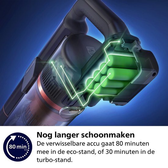 Aspirateur Philips avec fonction de lavage des sols XC8055/01 Aqua Plus - Sans fil et sans sac - Buse d'aspiration avec éclairage LED - Aspirateur à main - Autonomie de la batterie jusqu'à 80 min - Léger - Bleu