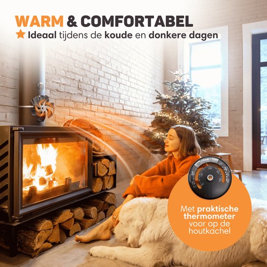 Vulpes Goods® Tech - Ventilateur de poêle à bois - Ventilateur de cheminée - Ecofan - Ventilateur de chaleur - 6 pales - Thermomètre et gant inclus - version PRO