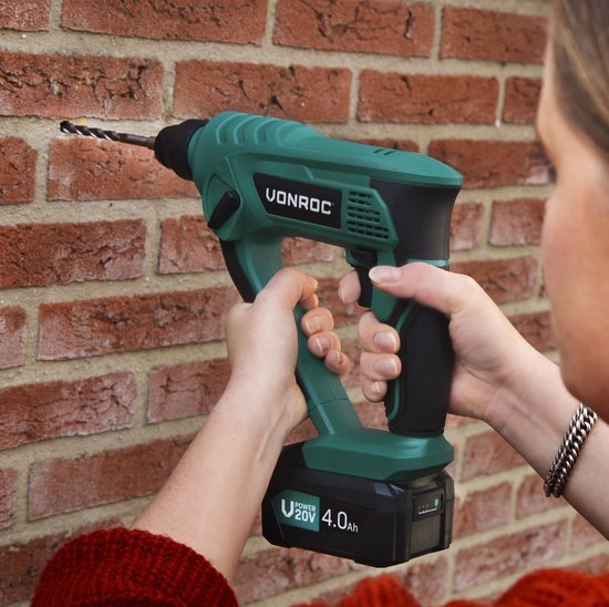 VONROC Marteau perforateur sans fil - VPower 20V - Sans batterie ni chargeur - 1.3 Joule - SDS-plus - Accessoires inclus
