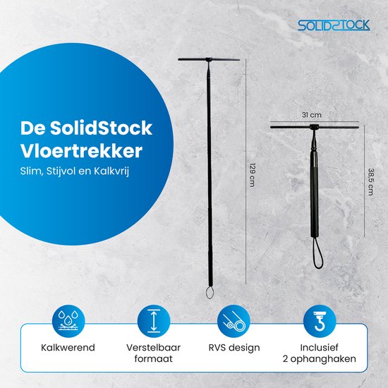 SolidStock Raclette de sol de luxe en acier inoxydable - Raclette de sol avec manche - Longueur réglable de 38,5 à 129 cm - Raclette pour sol de douche et de salle de bains - Raclette de douche télescopique - Noir