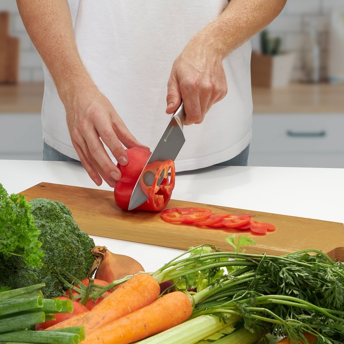 KitchenBrothers Set de couteaux - Bloc de couteaux - 16 pièces - avec ciseaux et acier d'affûtage - Bois de caoutchouc