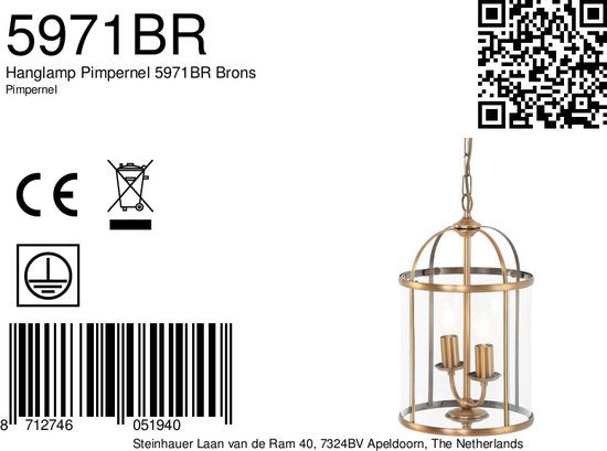Suspension Pimpernel 5971BR bronze Ø 23 cm, lanterne classique de Steinhauer, hauteur réglable, verre et métal, pour usage intérieur