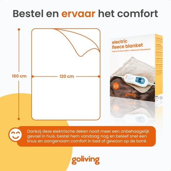 Goliving Plaid polaire électrique - Couverture chauffante - Couverture polaire chauffante - Couverture électrique - 3 niveaux de chaleur - Lavable en machine - 120 Watts - Cordon de 2,5 mètres - Flanelle Sherpa - 160 x 120 cm - Marron