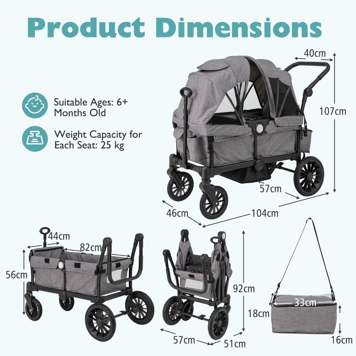 Coast 2-in-1 Foldable Geschwisterwagen - Gris - 104 x 57 x 107 cm - Poignée réglable et capuchon amovible
