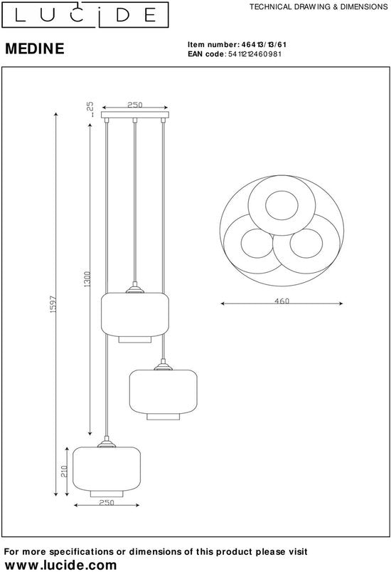 Lucide MEDINE - Lampe suspendue - Ø 46 cm - 3xE27 - Opale