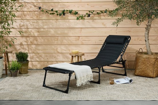 909 OUTDOOR Chaise longue pliable - Noir - Avec coussin et dossier réglable - 189x59x30 cm - Jusqu'à 110 kg