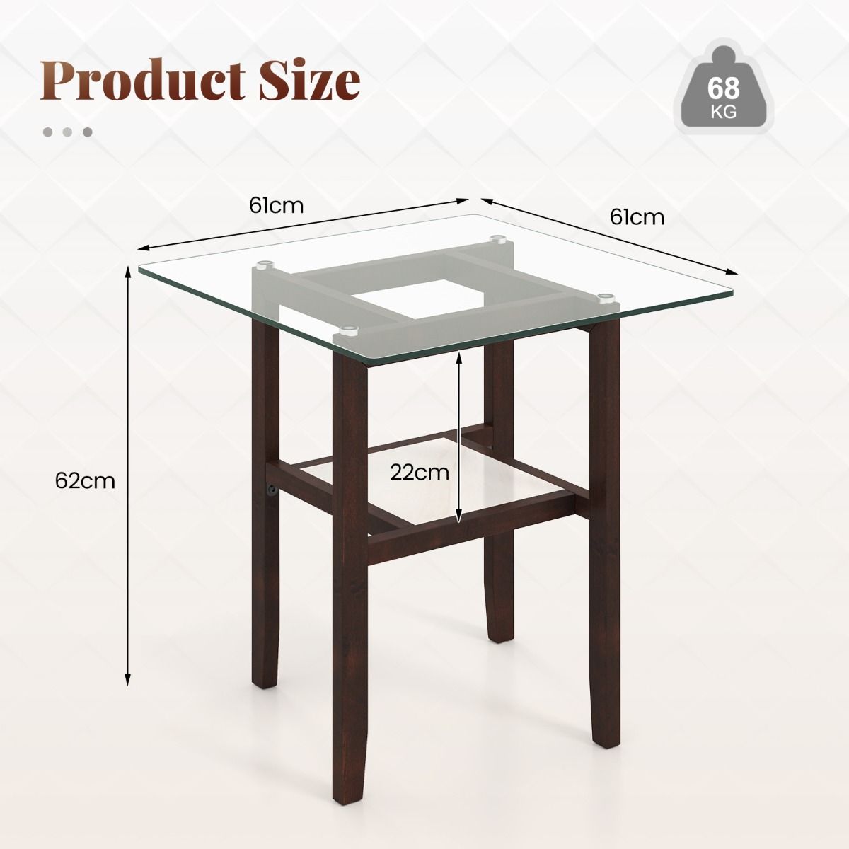 Coast Square Glass Side Table 61x61x62.5 cm Brown with Rubberwood Frame and Two Storage Levels