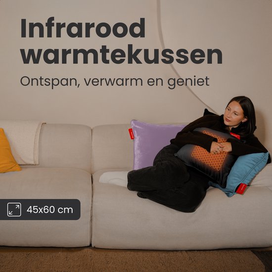 Auronic Heat Pillow - Velvet - 45x60 - Sans fil - Rechargeable - Oreiller électrique - Infrarouge - Noir