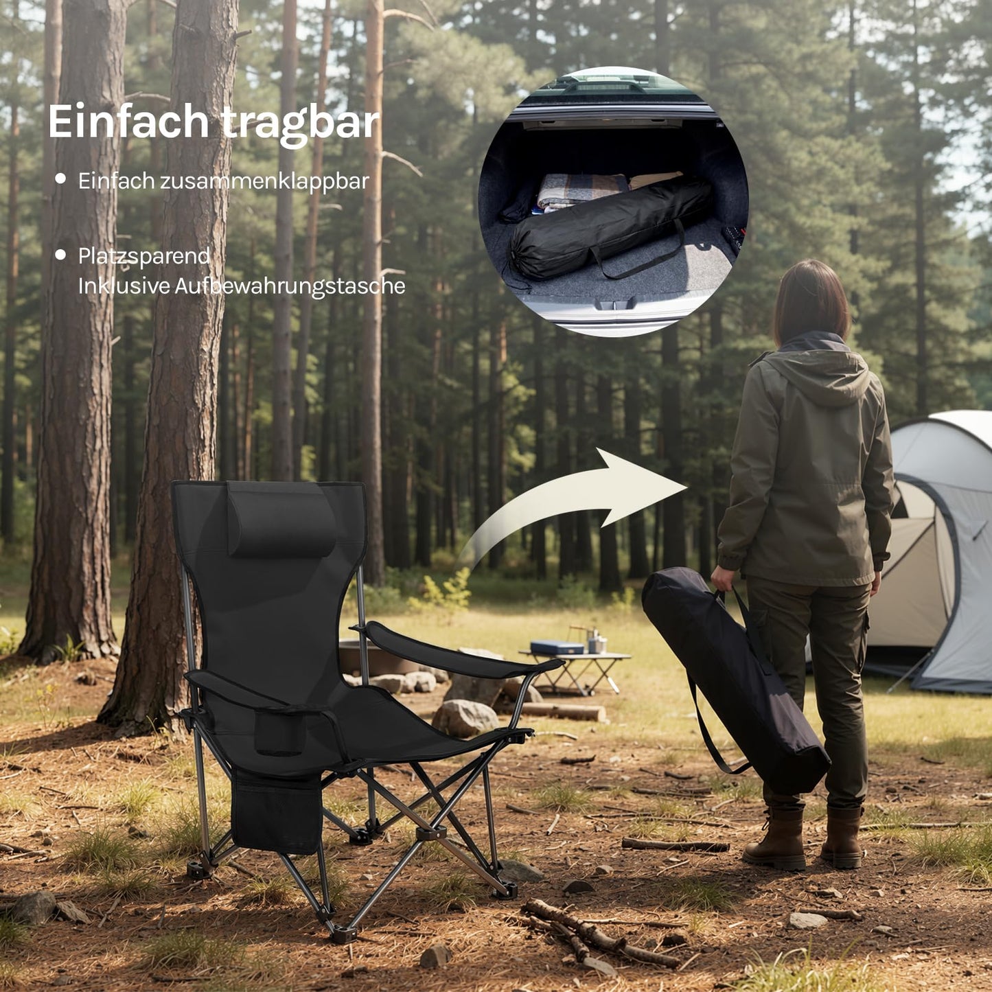 Lot de 2 chaises de camping WOLTU 2-en-1 - chaise de pêche pliable avec repose-pieds - porte-gobelet - gris, noir, bleu
