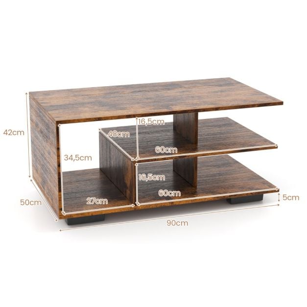 Table basse Coast à 3 niveaux – 90 x 50 x 42 cm – Naturel/Blanc ou Brun rustique