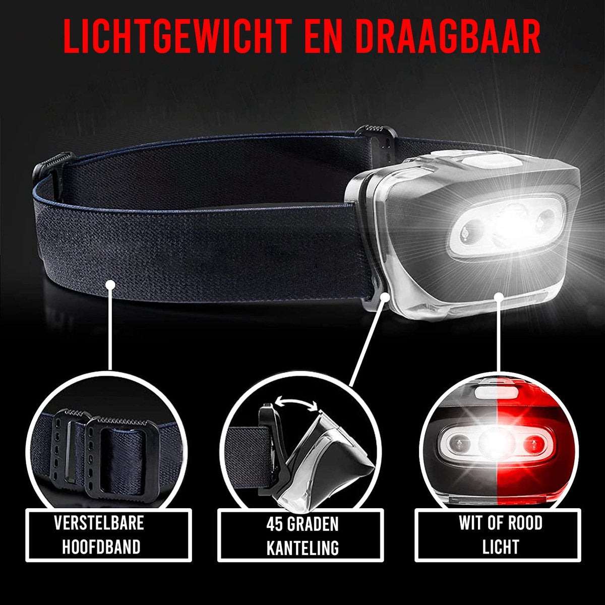 Podec® Military Headlamp - IPX4 Waterproof - Lampe frontale LED légère avec lumière blanche et rouge - 7 modes d'éclairage - réglable - Outdoor & Survival - 50m Range