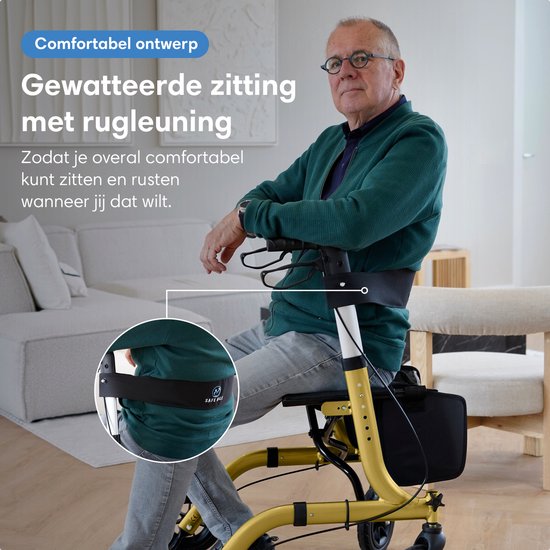 Safe Life® Rollator léger et pliable - fonction assise - intérieur et extérieur - dossier et support pour canne - Or