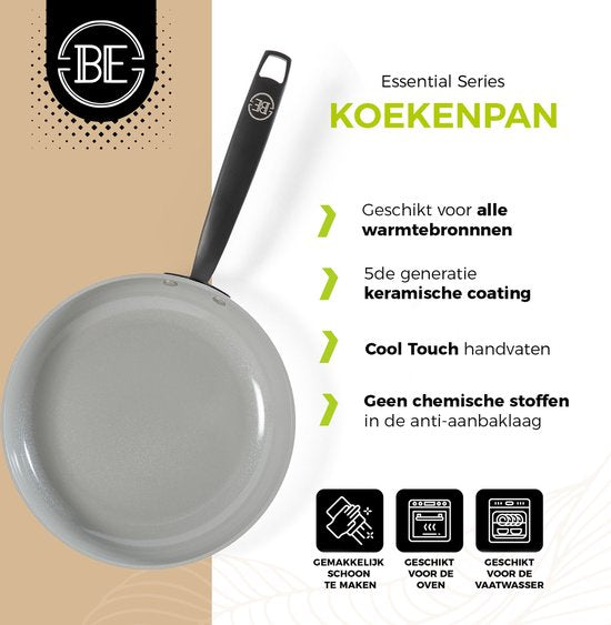 BE Living Essential Poêle à frire - Ø 20 cm - Céramique - Sans PFAS - Induction - Gris