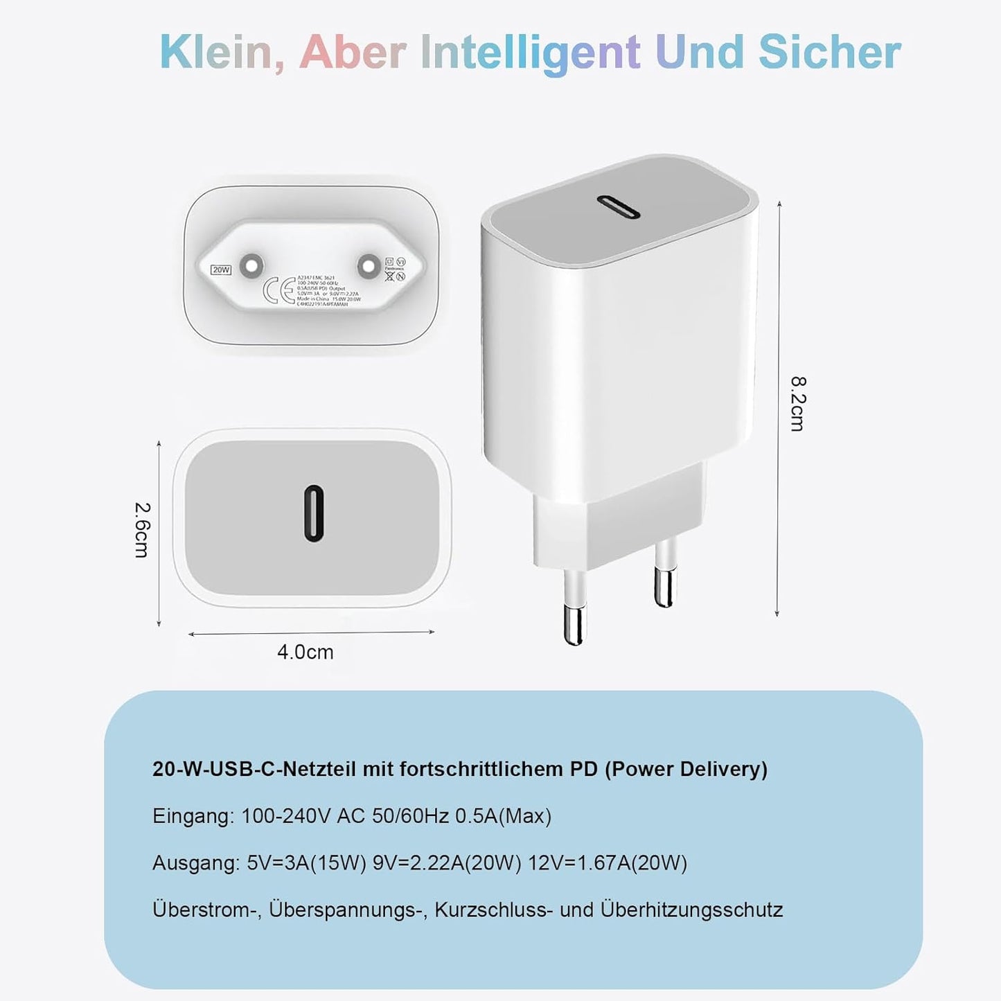 Adaptateur secteur USB-C 20W pour Apple, adaptateur secteur USB-C, chargeur rapide pour iPhone 16 15 14 13 12 11/15 14 Pro/15 14 Pro Max/15 13 Plus /12 Pro Max/Mini, iPad, AirPods, Samsung