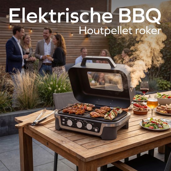 KitchenBrothers Barbecue électrique et fumoir - Modèle de table pour balcon - 90 °C à 250 °C - 2 600 W - Barbecue de table - Avec hublot