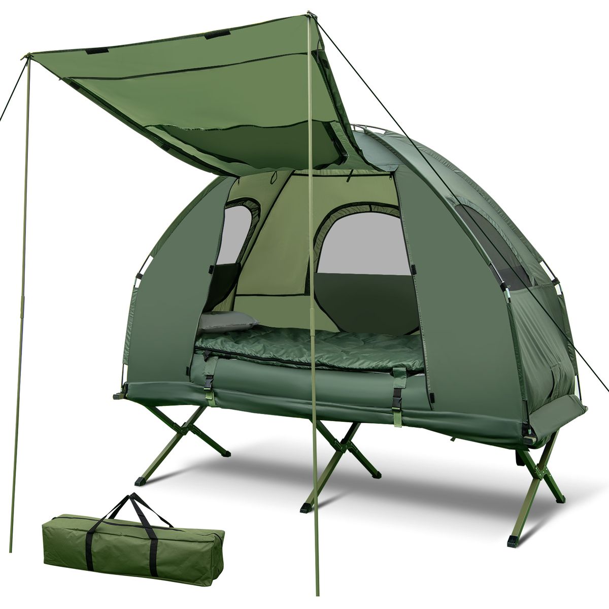 Lit de camp Coast avec tente - Kit de camping 5 en 1 - Matelas gonflable, sac de couchage et oreiller - Vert - 194 x 87 x 167 cm
