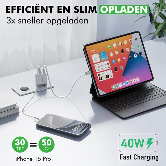 Travelhawk Chargeur USB-C - Convient à l'iPhone - Chargement rapide - PD 40W - Blanc